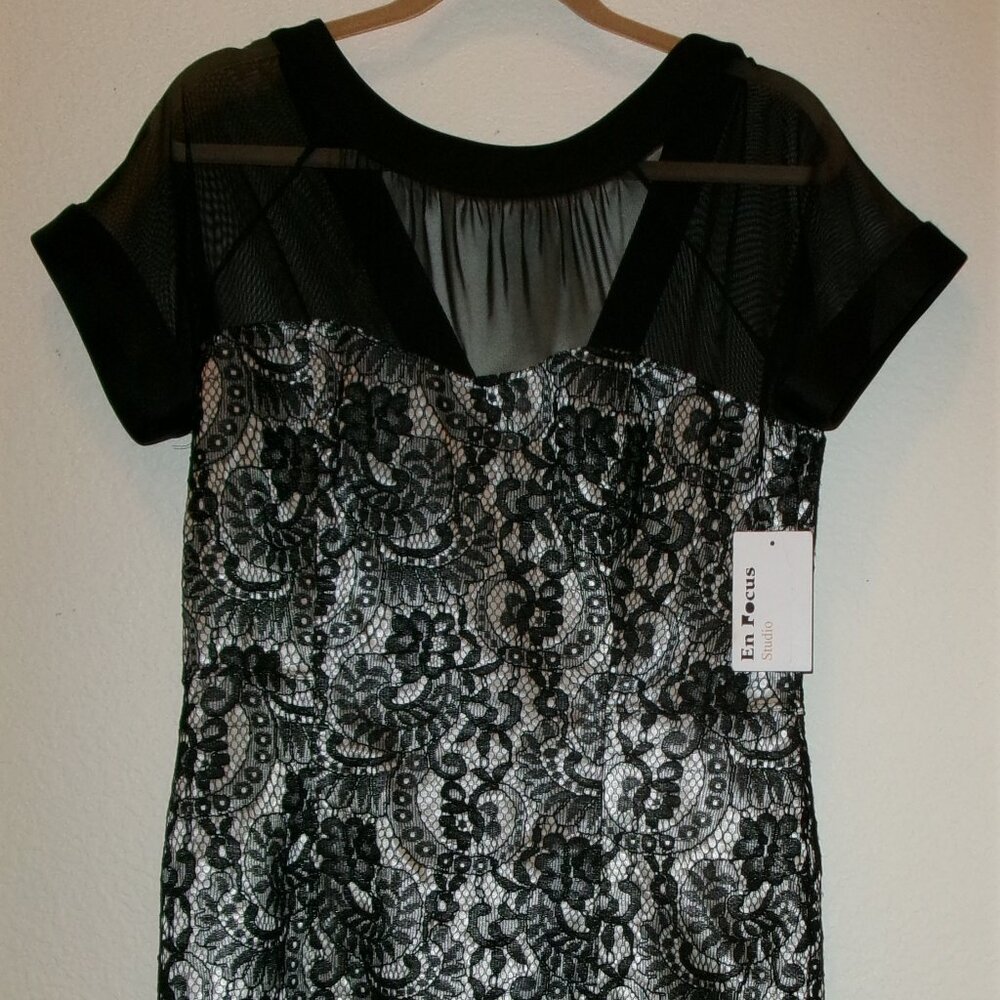 NWTS, EN FOCUS, SZ 12, BLACK NET OVER SILVER, MID KNEE, COCKTAIL DRESS